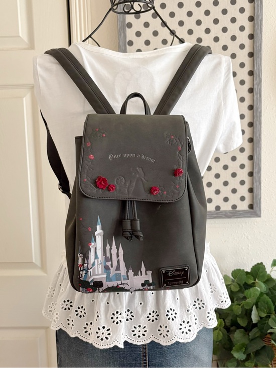 Disney Handbags - Disney Gray Floral Castle Drawstring Backpack with Red Rose Embroidery